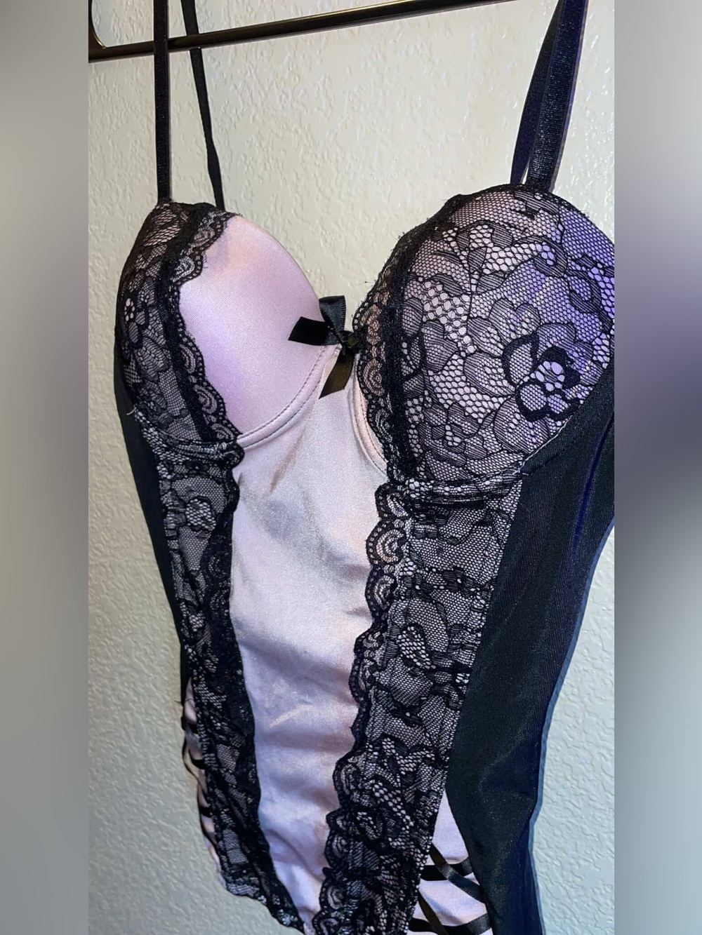 Lace-Trim Satin Bustier Corset in Blush Pink and Black